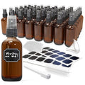 Nevlers 4 Oz Amber Glass Spray Bottles for Cleaning & Refreshment | 48 Pack Amber Glass Bottles | Mist Bottle Sprayer w/Shrink Wrap, Funnel, Brush, Marker & Labels | Small Spray Bottle for Hair & Face