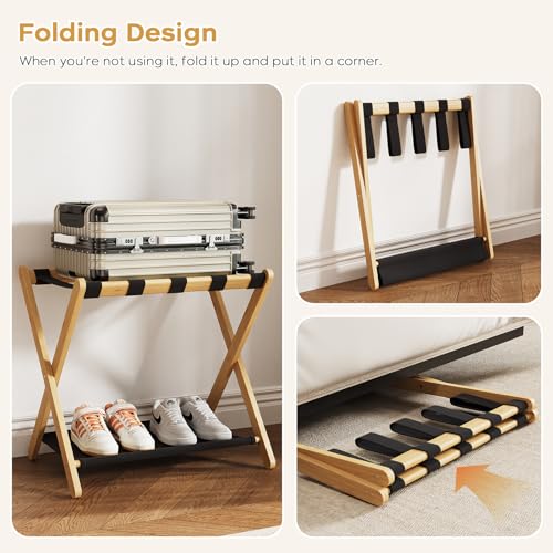 oakvivo Natural Bamboo Foldable Luggage Rack 2-Pack with Storage Shelf for Guest Room