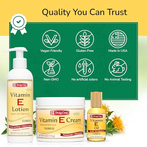 De La Cruz - Vitamin E Cream, Lotion and Oil Bundle - Moisturizer for All Skin Types