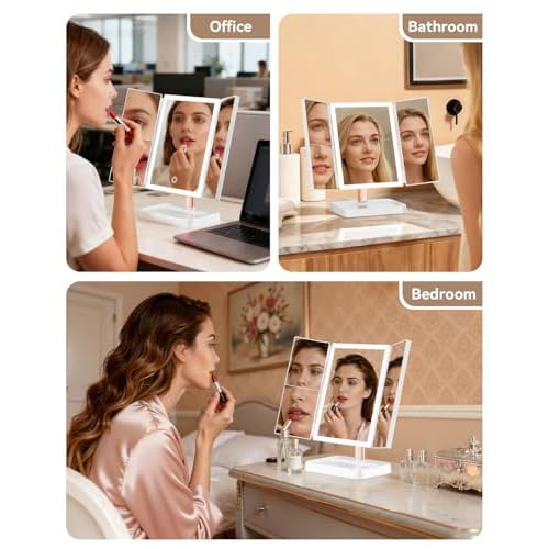 Vanity Mirror with Lights, Makeup Mirror 1X, 2X, 3X Magnification, Trifold 9" L x 14" W, Large Vanity Desk Mirror£¬Valentine¡®s Gift for Wife, Mom, Her - Gift for Girlfriend, Women & Teens