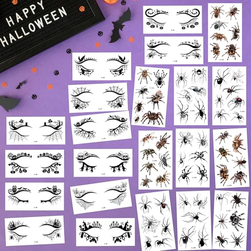 110+ PCS Halloween Face Tattoos, Spider Tattoo Temporary, Halloween Witch Makeup for Women, Halloween Costume Accessories for Adult Kids