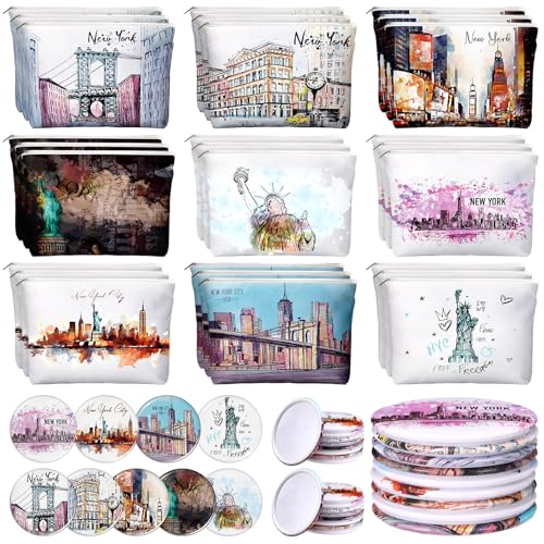 18 Set New York Souvenirs Gifts Include City Cosmetic Bag Bulk New York Makeup Bag Nyc Souvenirs from USA Makeup Mirrors for Women Traveler Birthday Party Favors Trip Journey Gifts