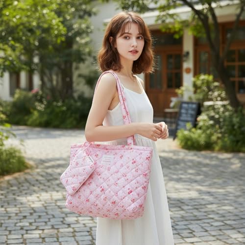 Floral Quilted Cotton Shoulder Bag Set 2-in-1 Tote with Mini Pouch Women¡¯s Lightweight Reusable Daily Handbag A054
