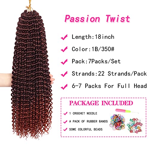 18 Inch Passion Twist Crochet Hair - Rust Red Water Wave Ombre, 7 Pack with Accessories