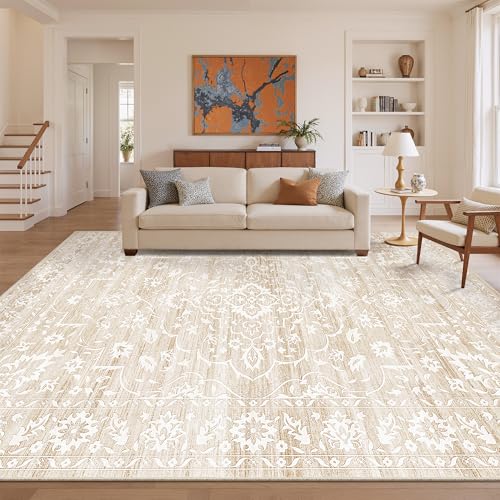 Soalmost 8x10 Beige Area Rug - Washable Geometric Pattern, Non-Slip, Soft Living Room Rug