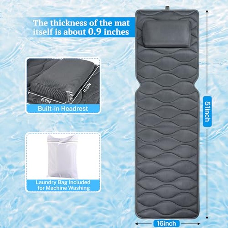 Bath Pillow for Tub with Laundry Bag & 17 Non-Slip Suction Cups, Extra Thick and Soft Bathtub Pillow for Head, Neck & Shoulder Support, 51" x 16" Grey