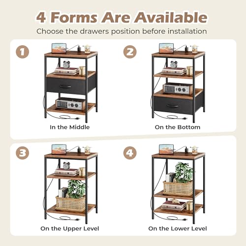 Nightstand with Charging Station L - Rustic Brown & Black, 15.7”D x 17.7”W x 27.7”H