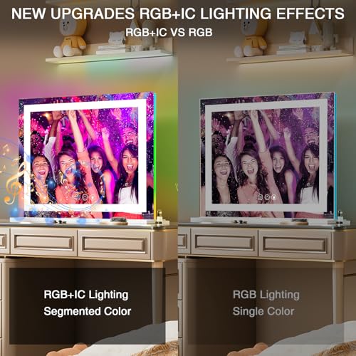 Hansong RGB Vanity Mirror with Lights 23¡± X 18¡± Makeup Mirror with Front Light and RGB Backlit Lighted Vanity Mirror with 3 Color Lighting Dimmable Tempered Glass 10x Magnification and Wall-Mounted