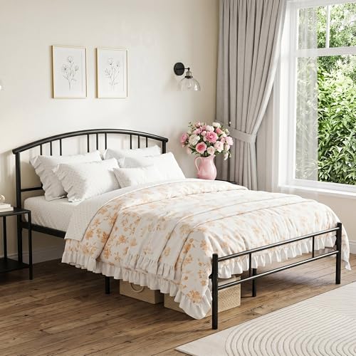 Black Queen Metal Bed Frame with Headboard & Footboard, 14 Inch Platform Support