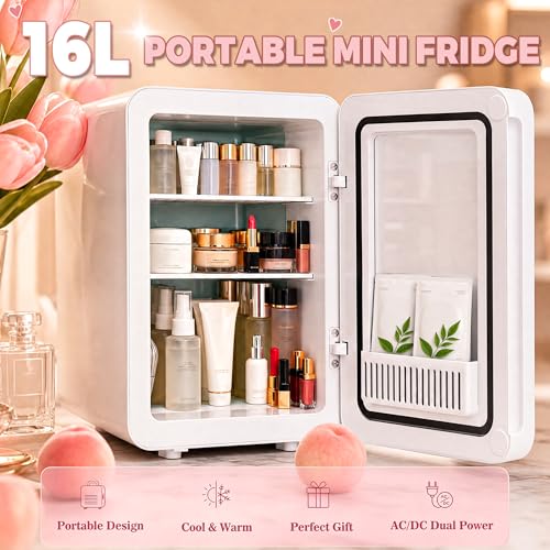 White 16L Skincare Fridge with LED Mirror & Dimmable Light – Small Makeup Cooler