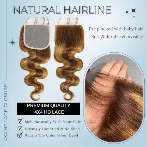 ALHER Honey Blonde Highlight 4x4 Lace Closure Human Hair 10 Inch Body Wave