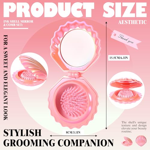 Pink Shell Shape Foldable Travel Makeup & Hair Mirror Set - 12 Pcs Gift Set