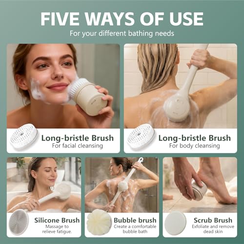 Beige Electric Body Brush Back Scrubber with 4 Heads Waterproof Dual Handle