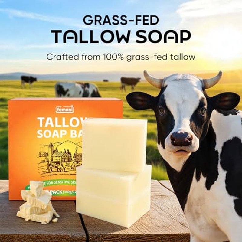 femani Beef Tallow Soap Bar - All Natural and Organic Grass Fed Tallow Soap Unscented - Moisturizes, Soothes, Hydrates Face & Body Wash Great for Itchy, Dry, Sensitive Skin, 12 oz (3 packs)