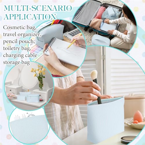 3 Pieces Makeup Bag Set for Women Cute Seersucker Cosmetic Pouch Travel Toiletry Bag Preppy Small Makeup Purse Pouch Aesthetic Skincare Brushes Storage Organizer for Women(Light Blue)