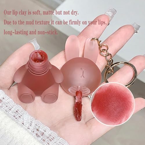 4 Colors Velvet Matte Liquid Lipstick set, Cute Rabbit Lip Glaze 2 in 1 Key Chain Lip Gloss Lip Stain, Waterproof Non-Stick Cup Long Lasting Lip Clay Cute Lip Makeup for Girls