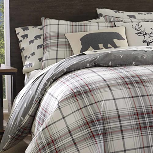 Queen Size Duvet Cover Set with Shams - Grey Red Plaid Reversible Cotton