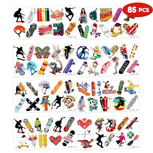 Skateboard Temporary Tattoos - Skateboarding 85 PCS Sports Themed Stickers for Kids Birthday Party Supplies, Decorations, Favors, and Prizes - Cute Gifts for Boys and Girls