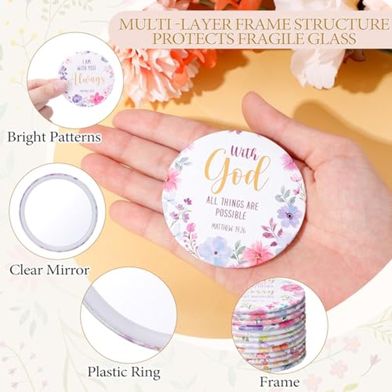 Geelin 48 Pcs Christian Compact Mirrors Christmas Bulk Gifts Floral Bible Verse Mirror for Women Portable Pocket Purse Makeup Mirror Inspirational Religious Group Gift for Sunday Church Party Favors