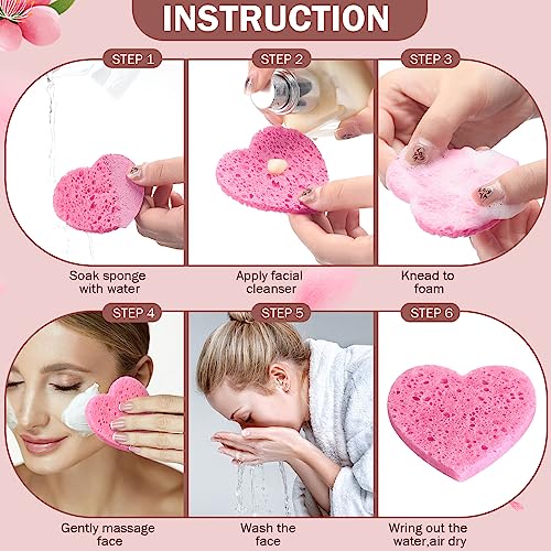 Dandat Pink 300 Count Compressed Heart-Shaped Facial Sponges for Cleansing & Exfoliating