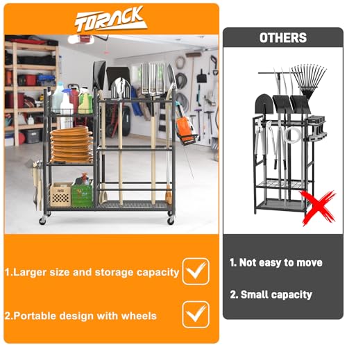 Garden Tool Organizer with Wheels - Rake & Shovel Storage Stand with Shelves - Variation: Tool Stand with Extra Shelves