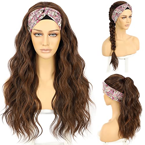 Brown Highlight Wavy Headband Wig 26 Inch Glueless for Women - Natural Look
