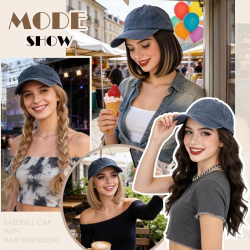 Blue Highlighted 6-Inch Distressed Baseball Cap Wig with Short Bob Hair for Women - Adjustable Vintage Hat Wig