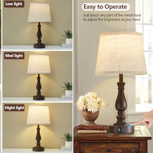 EJIAXIN Set of 2 Beige Fabric Dimmable Touch Bedside Table Lamps with USB-C + A Ports