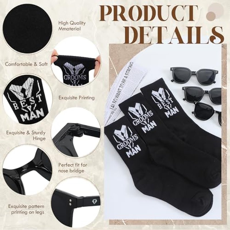 18 Pcs Groomsmen Gifts Set of 6, Groomsman Proposal Gift Includes 6 Leather Toiletry Bags 6 Sunglasses and 6 Pairs of Socks for Wedding Man Gift Bachelor Party Favors