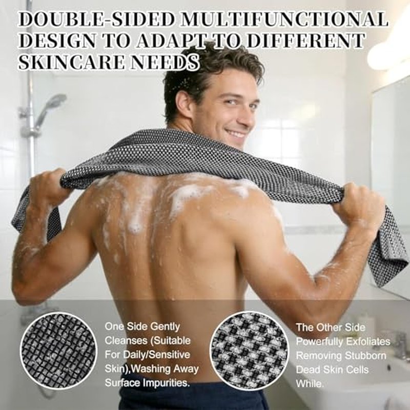 Exfoliating Shower Towel 47",Premium Scrub Wash Cloth for Body Face,2-in-1 Exfoliating Washcloth-Body Scrubber with 2 Sides for All Skin Types (Black)