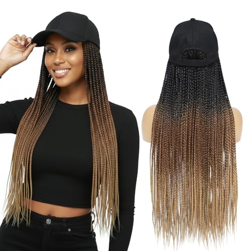 Yunkang 24 Inch Braided Hair Baseball Cap Wig with Adjustable Fit - Ombre Synthetic Box Braid Hat for Women, Daily & Outdoor Use