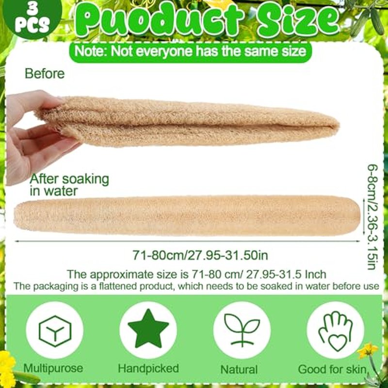 3 PCS 27.6-31.5 inch Large Natural Loofah Sponge Organic Exfoliating Scrubber for Shower Bath Body Dish Cleaning for Men Women