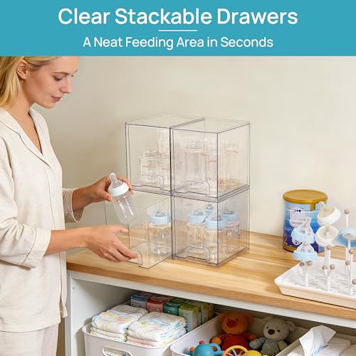 High-4pack Clear Stackable Plastic Storage Drawers for Home & Office Organization
