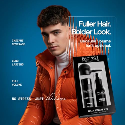 Pacinos Hair Fiber Kit for Thinning Hair - Black, Instant Coverage & Firm Hold