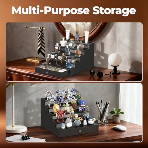 EsLuker.ly Perfume Organizer Cologne Holder Stand for Men, Wooden Cologne Display Shelf for Bedroom Dresser Countertop, 5 Tier Large Capacity Storage Rack with Drawer, Keep Fragrance Neat & Accessible