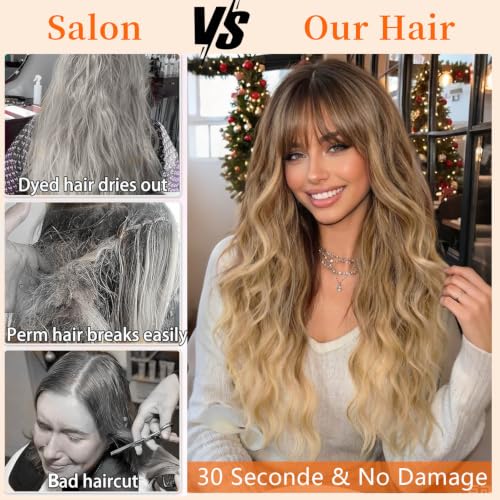 Ombre Blonde Synthetic Wig with Bangs - Long Wavy 26 Inch Hair for Women