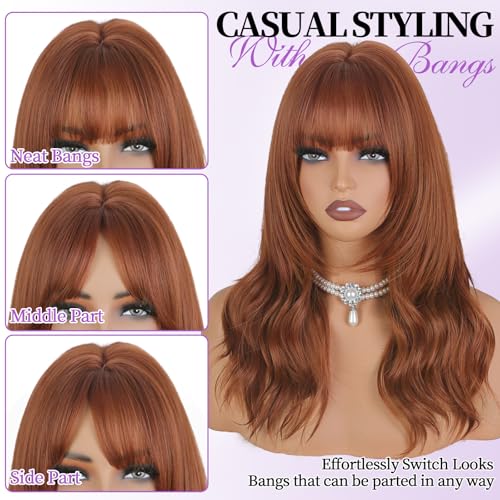Ginger Layered Curly Wavy Wig with Bangs - Realistic Synthetic Hair for Women