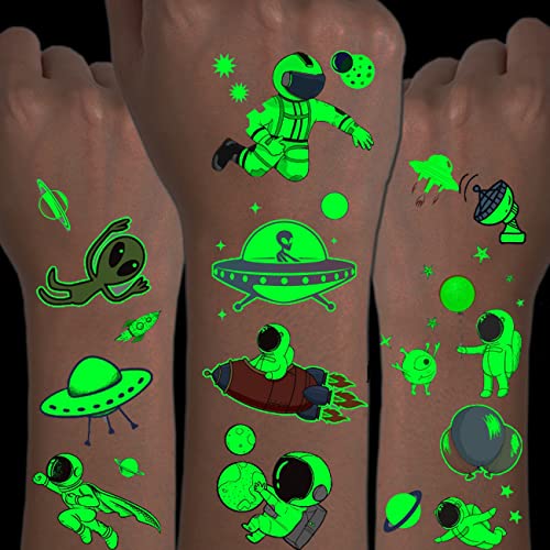 Luminous Outer Space Tattoos for Kids - 14 Sheets Glow in The Dark Astronaut Spaceship Planet Temporary Tattoos for Boys Girls Birthday Party Favors Goodie Bag Fillers