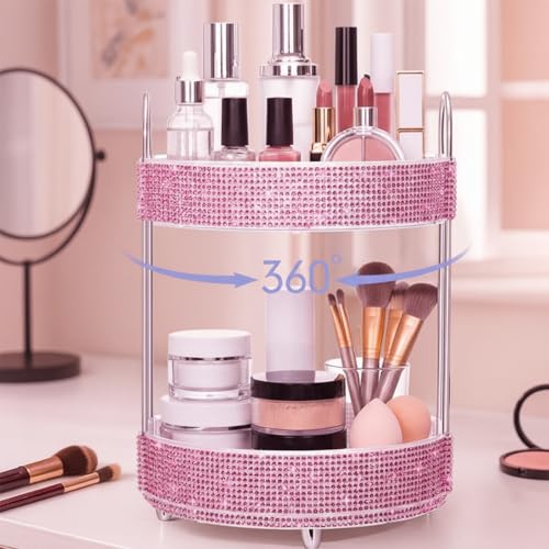 Honeydak 360 Rotating Perfume Organizer Rhinestone Bathroom Counter Organizer Makeup Holder with 2 Tiers Skincare and Perfume Storage, Vanity Storage for Cosmetic Countertop Decor (Pink)