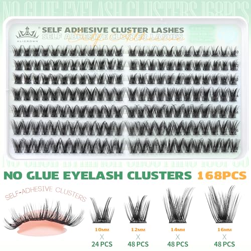 Self Adhesive Eyelash Clusters 168Pcs No Glue Lash Clusters Pre-glued Wispy Lash Extensions Self Adhesive Eyelashes Extensions Press on Individual Lash Extensions 10MM-16MM