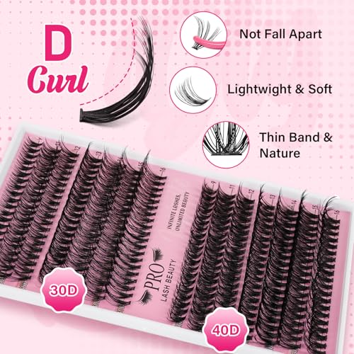 Lash Clusters Kit 280 Pcs Cluster Lashes 30D+40D Lash Extension Kit with Lash Bond and Seal Waterproof Lash Applicator Individual Lashes Apply at Home(30D+40D-9-16mix Kit)