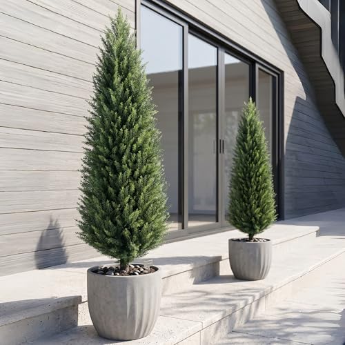 4ft Artificial Cedar Topiary Trees Set of 2 with Ground Spikes - UV Resistant Outdoor Decor, 7in Variation