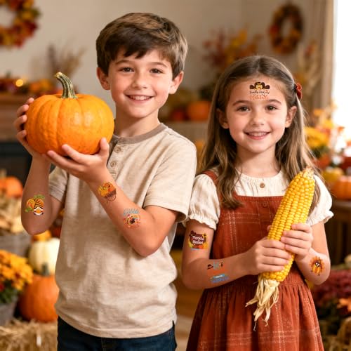 Konsait Thanksgiving Temporary Tattoos, 96Pcs Perforated Give Thanks Pumpkin Turkey Tattoos, Thanksgiving Goodie Bag Stuffers & Accessories, 24 Design