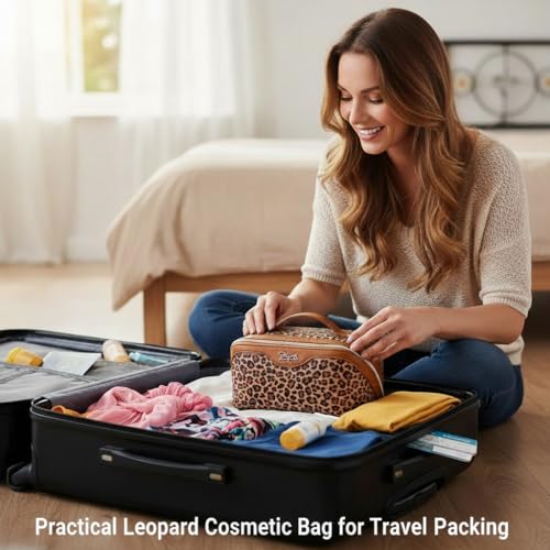 Travel Makeup Bag Organizer Set - 3 Pcs Leopard Cosmetic Bags for Women
