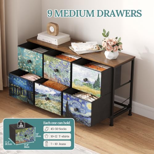 EXOTICA 6-Drawer Dresser with Van Gogh Pattern, 39x11.8x21.7 Inches, Fabric Storage, Wooden Top, Bedroom & Living Room Furniture
