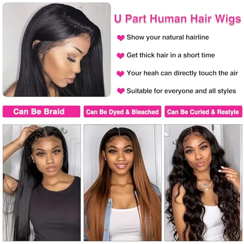 16 Inch Natural Black U Part Human Hair Wigs for Women - No Glue, Full Head Clip-In, Beginner Friendly