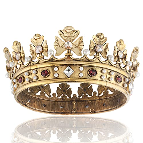 Small Size 6.1-Inch Dark Gold Crown with Champagne Stones - Vintage Royal Hair Accessory for Men & Special Occasions