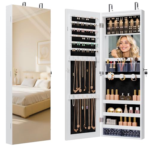 White Lockable Jewelry Cabinet with LED Lights Wall Mount Mirror
