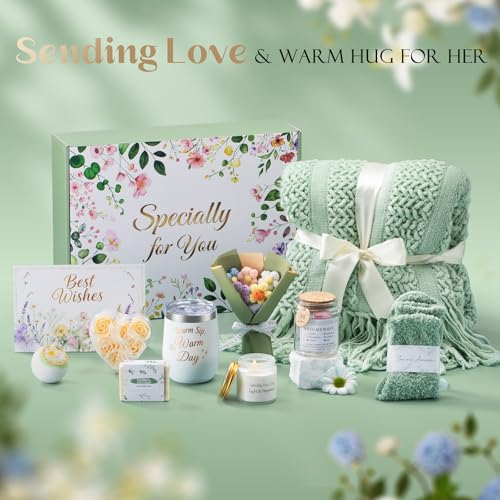 Women's Self Care Gift Set with Sage Green Blanket & Spa Items - Birthday & Get Well Gift