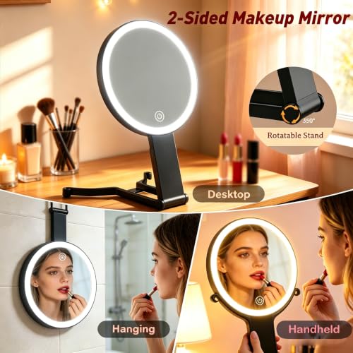Travel Makeup Mirror with Lights & Foldable Stand - Black 1X/10X Magnification